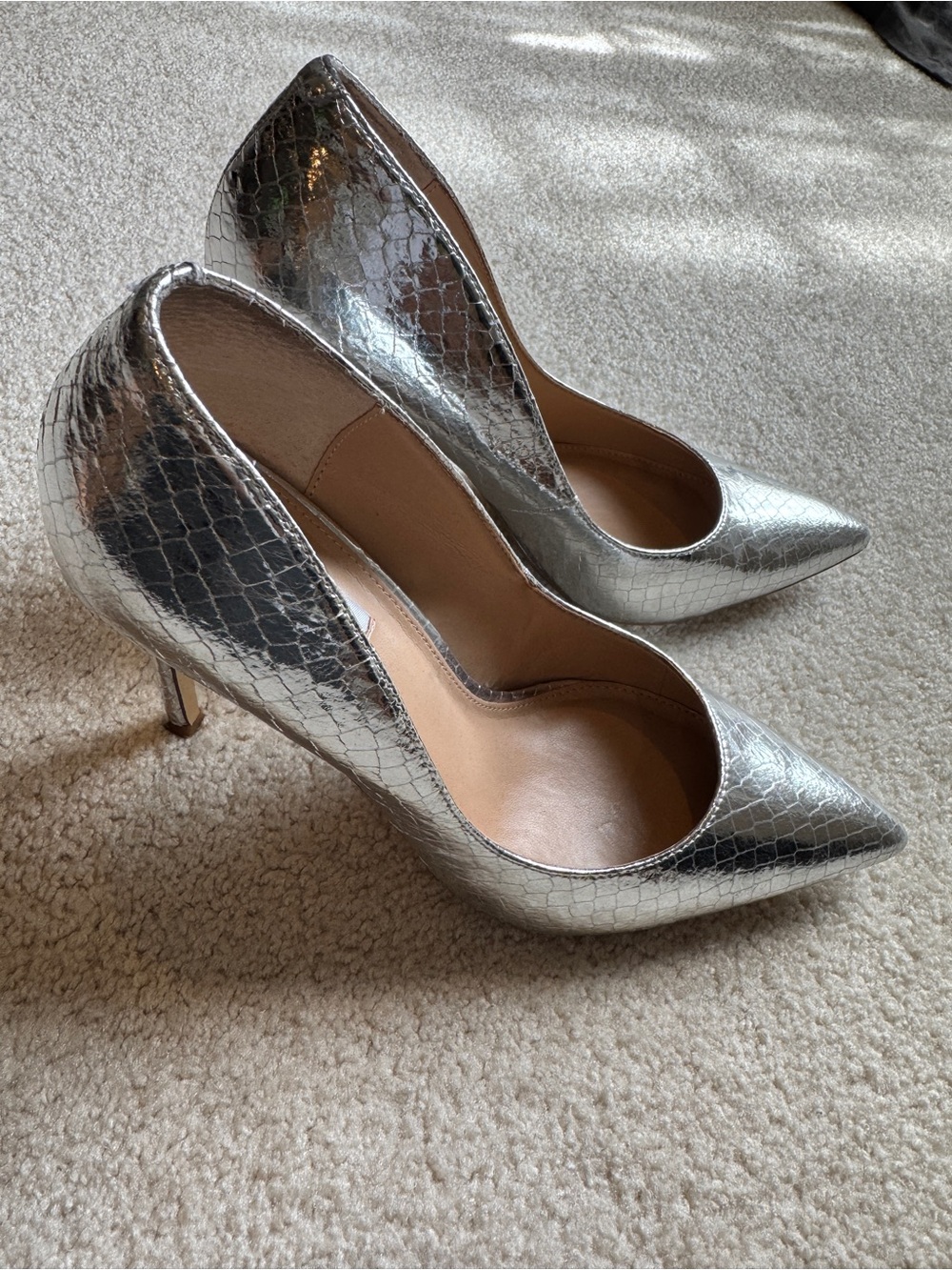 Steve Madden Metallic Silver Croc-Embossed Pointed Toe Pumps